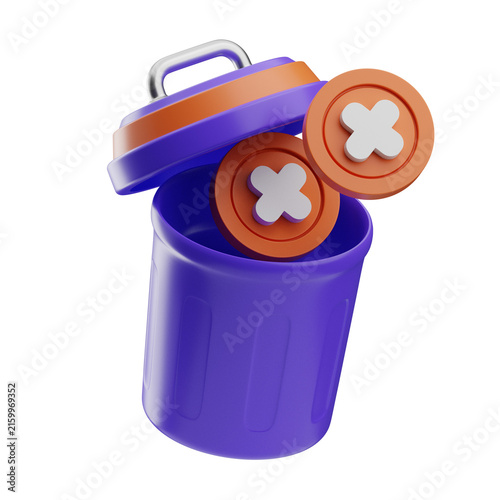 A vibrant purple trash bin with an orange lid, showcasing recyclable items spilling out. Ideal for environmental awareness campaigns.