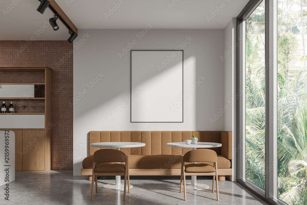 Fototapeta premium Contemporary cafe interior with empty poster mockup, modern architectural style, tropical window background, hospitality branding concept, 3D Rendering