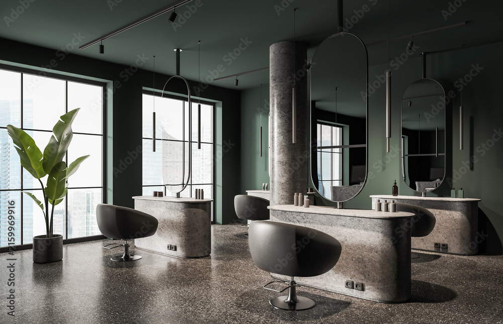 Fototapeta premium Modern salon interior with stone styling stations, arched mirrors, pendant lights, and tropical plant against bright city windows, 3D Rendering