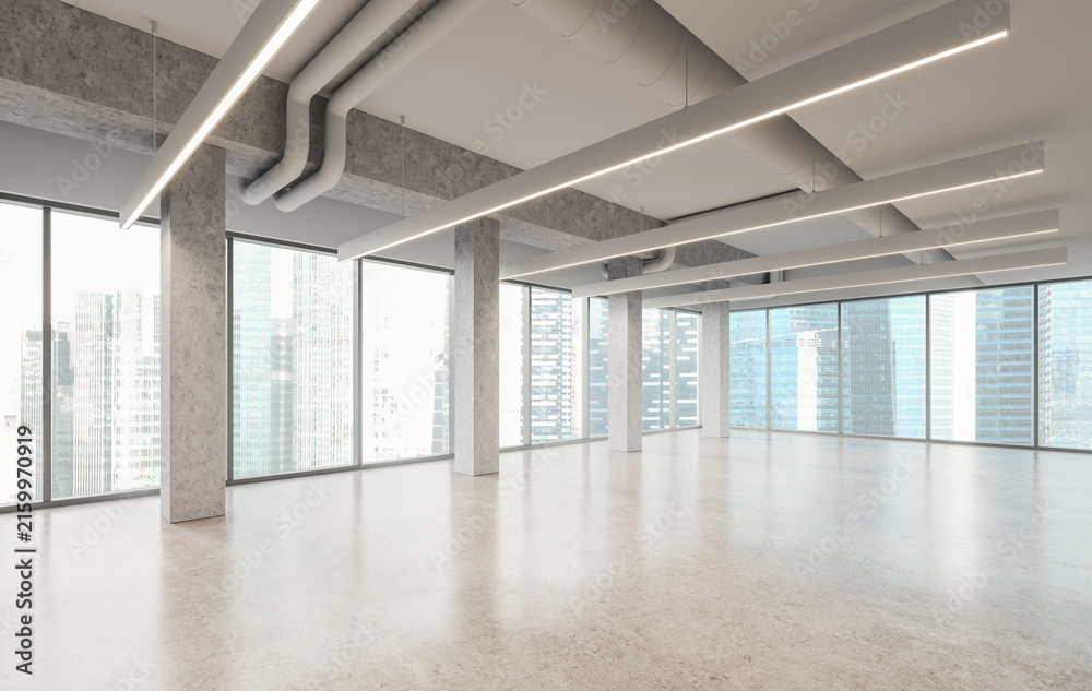 Fototapeta premium Spacious modern office interior with concrete columns and panoramic windows, 3D Rendering style, on a bright city background, expressing workspace