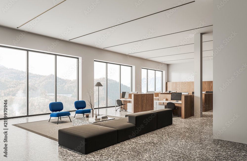 Fototapeta premium Modern office interior with desks and lounge seating, minimalist style, bright neutral background, workplace concept. 3D Rendering