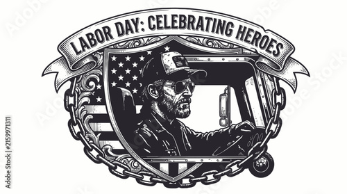 Trucker looking out window, stylized emblem with american flag and text featuring driver, badge