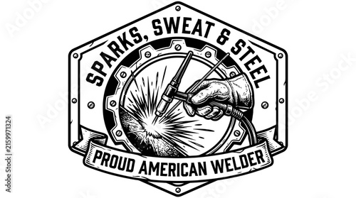 Welder illustration with torch and sparks, showcasing a proud american welder concept