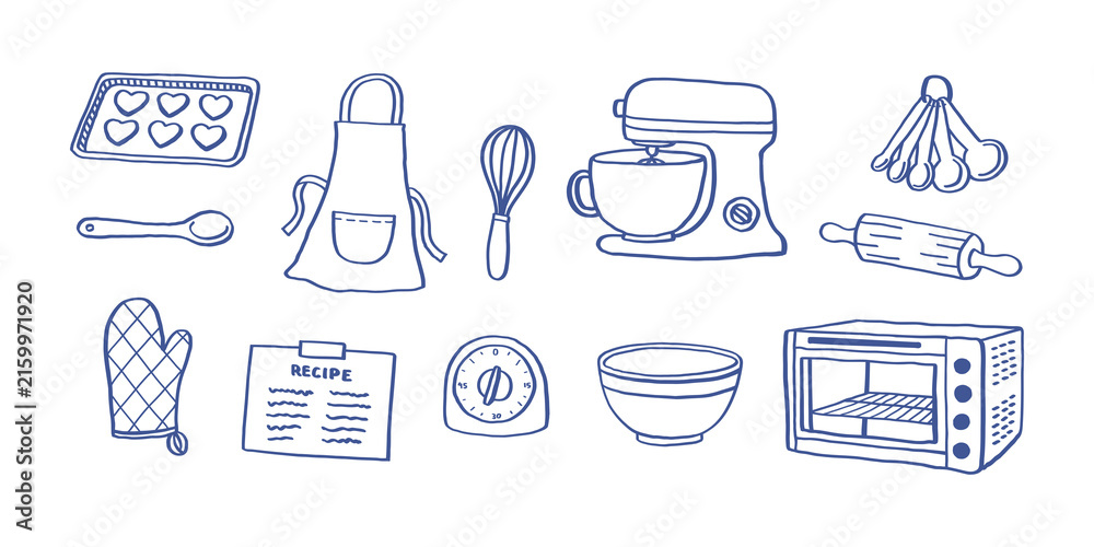 Fototapeta premium Baking Tools and Kitchen Equipment Hand Drawn Doodle Set with Mixer, Oven, Whisk, Rolling Pin, Apron, Baking Tray, Bowl and Utensils