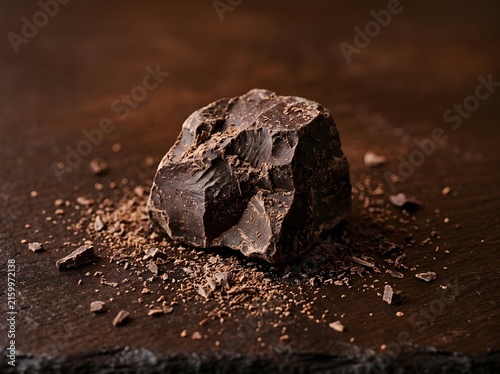Rich dark chocolate chunk with shavings on a textured surface, perfect for baking or a sweet indulgence