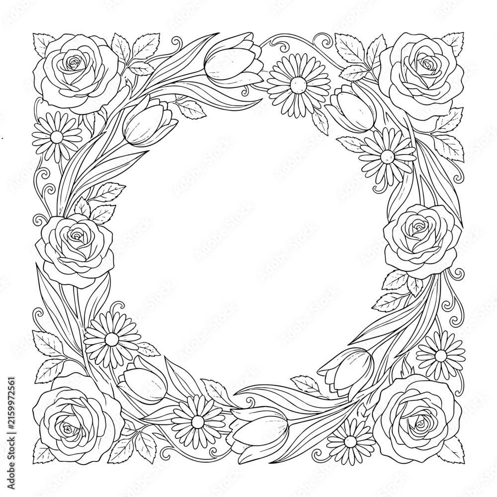 Obraz premium Floral wreath coloring page with roses tulips and daisies