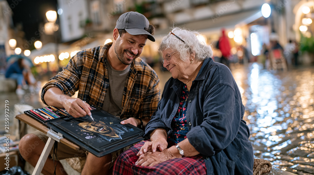 Fototapeta premium A portrait sketcher and an elderly woman sit together on a rain-soaked plaza, the artist holding a charcoal board steady under a small awning, the grandmother watching the emerging drawing with quie