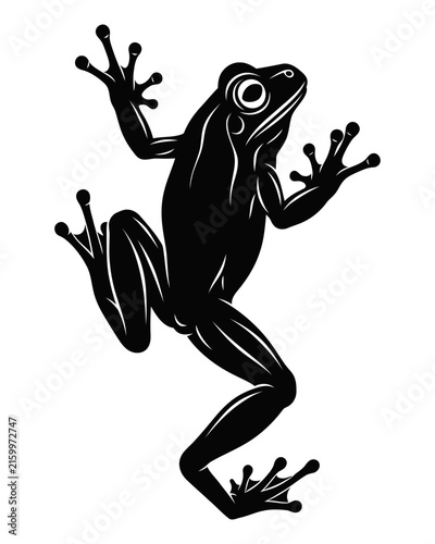 Stylized black silhouette of a tree frog clinging to a branch or surface