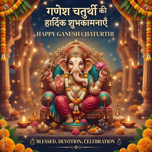 Ganesha statue celebration with devotional items