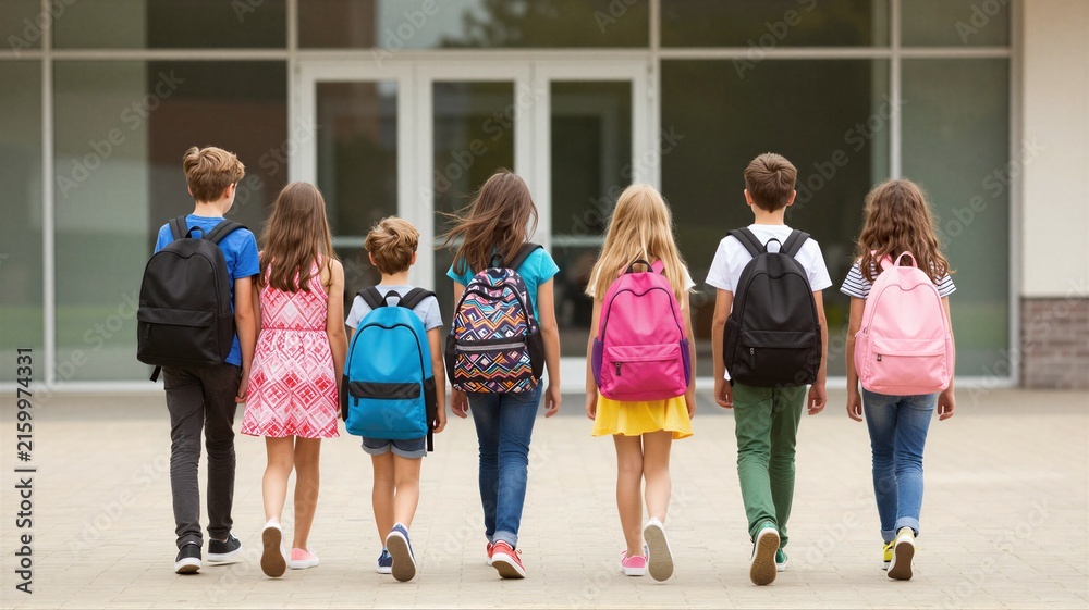 Obraz premium Seven schoolchildren walking toward glass entrance with colorful backpacks, casual summer clothes, and varied footwear on bright outdoor campus morning