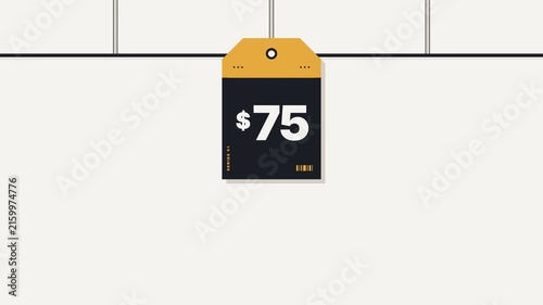 Minimalist graphic animation of hanging retail price tags with dollar amounts on white background