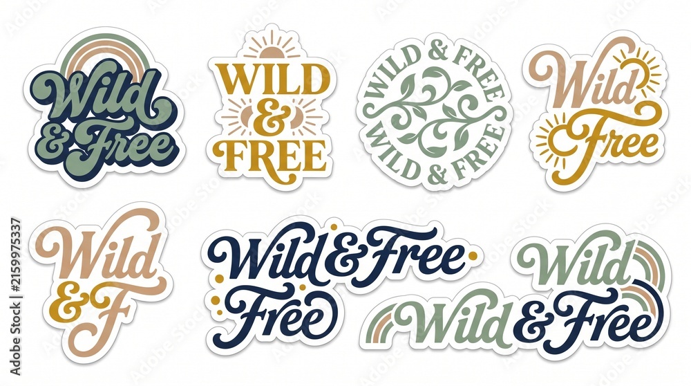 Obraz premium Boho wild and free sticker collection with sun and rainbow graphics in earth tones for digital planners and stationery design