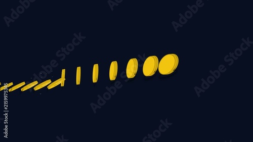 3D gold dollar coins falling in domino effect sequence animation on black background