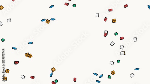 Flat 2D animation of recycling icons and waste text on white background for environmental concepts