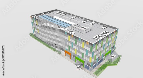 Quadro su tela Bird’s-eye perspective of a modern multi-storey car park with rooftop parking capacity and vibrant exterior design