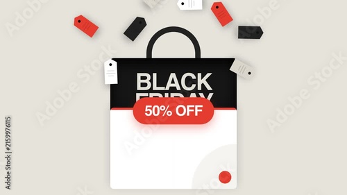 Black Friday Sale 50 Percent Off Animated Retail Shopping Bag with Falling Price Tags on Light Background
