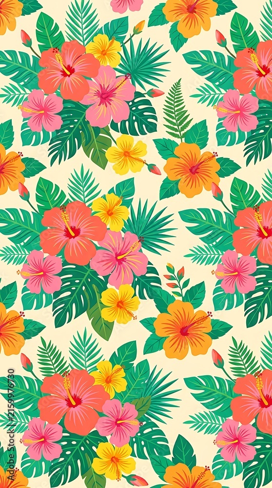 Seamless tropical hibiscus floral pattern with jungle leaves