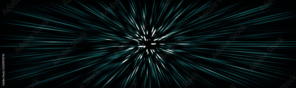 Fototapeta premium Cyan light streaks zoom effect abstract background for digital space travel and fast motion design.