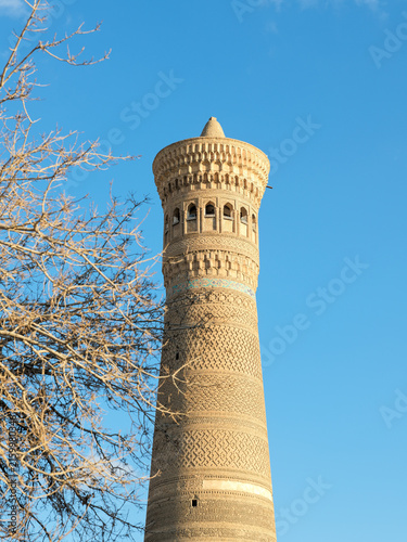Fotografie Bukhara Kalyan Minaret Brick Detail Blue Sky Uzbekistan
