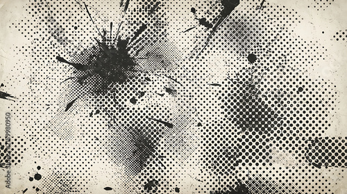 An abstract, distressed background featuring black ink splatters and halftone dot patterns on a light, beige-toned surface.