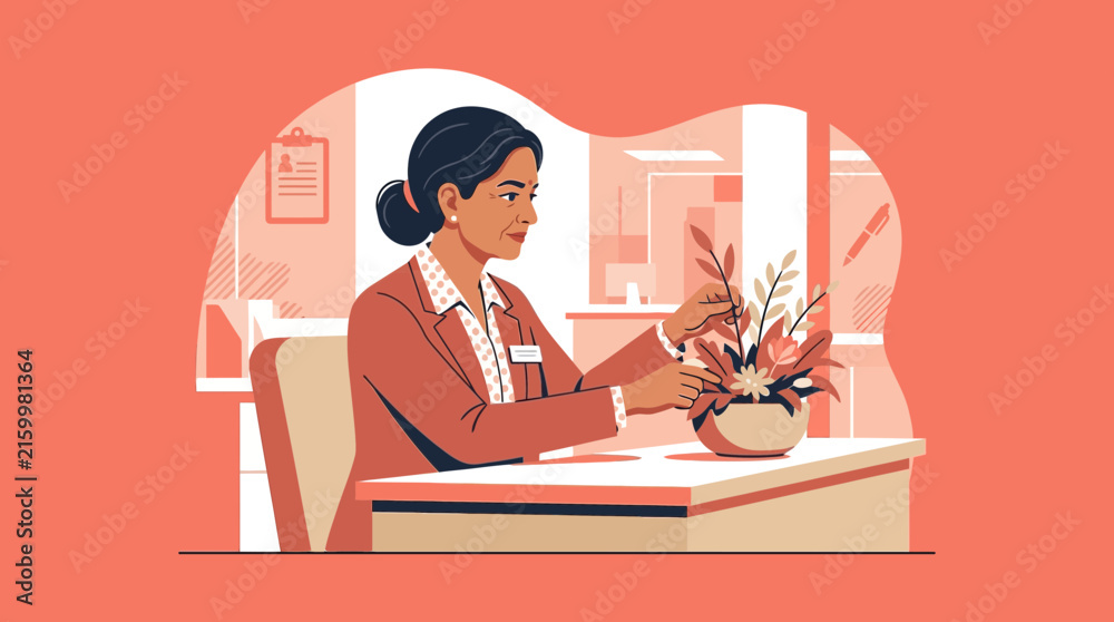 Fototapeta premium Woman arranging flowers at desk in office, illustration, isolated