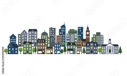 Modern cityscape skyline vector illustration with diverse buildings skyscrapers houses and towers isolated on white background