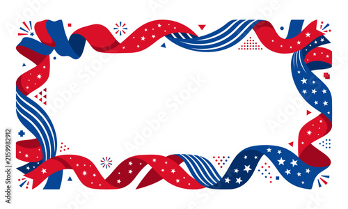 Patriotic red white and blue fourth of july ribbons frame background with central copy space design
