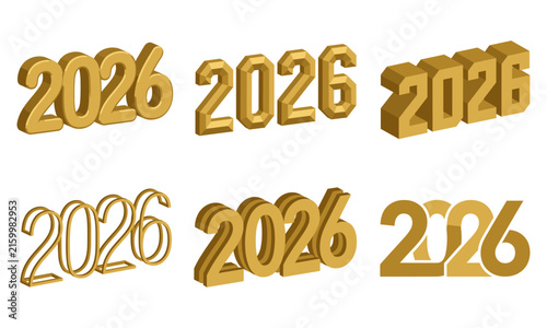 Happy New Year 2026 gold text design logo set with diverse typography icons on white