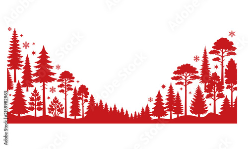Red winter pine forest tree silhouettes corner borders background on white with central copy space design