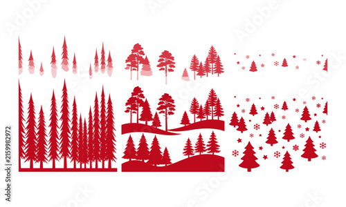 Red winter pine forest tree silhouettes and snowflakes seamless pattern borders set isolated on white background