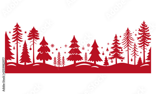 Red winter pine forest tree silhouettes panoramic horizontal border background isolated on clean white background
