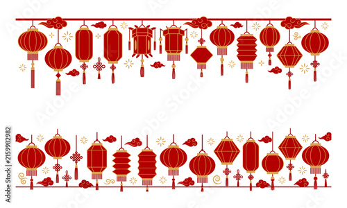 Traditional red Chinese lanterns horizontal borders set with oriental clouds isolated on clean white background