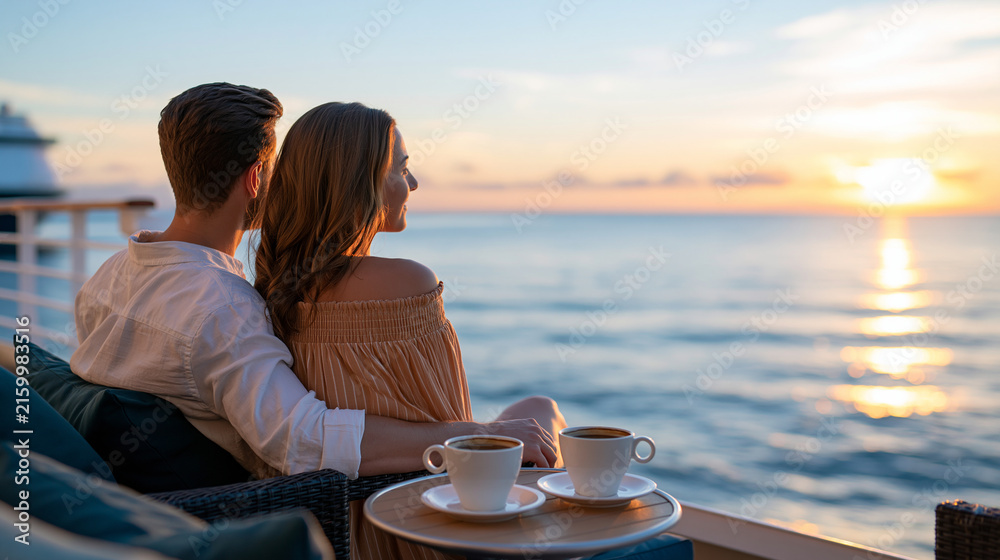 Fototapeta premium Faceless couple watching sunrise from a private cruise ship balcony, coffee cups on a small table, peaceful morning ocean, honeymoon vacation, luxury travel, romantic lifestyle,