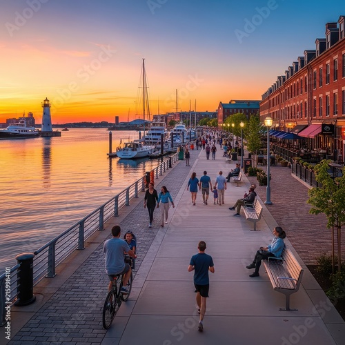 Sunset harbor boardwalk with people strolling, boats docked, and a lighthouse.