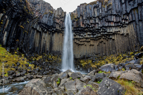 Aerial view of beautiful waterfall Svartifoss in Skaftafell national park in Iceland