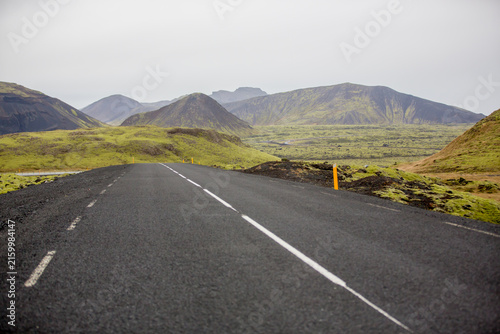 Scenic landscape view of Icelandic road and beautiful areal view of the nature autumntime