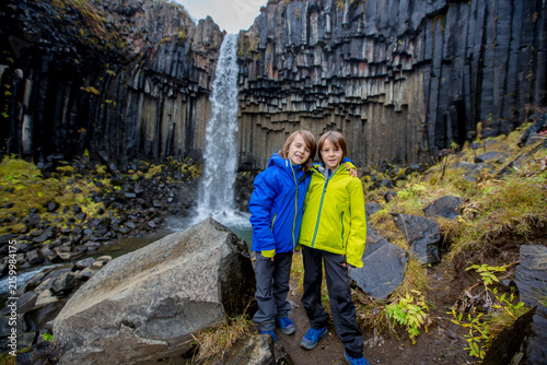 Happy child, posing in front of beautiful waterfall Svartifoss in Skaftafell national park