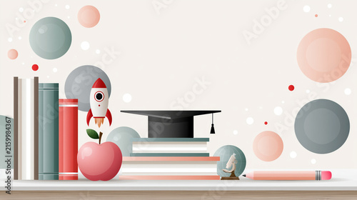 School education background book apple graduation rocket pencil icon elegant back to school background with book stack, cap, apple, rocket, pencil, and pastel circle shape for classroom learning