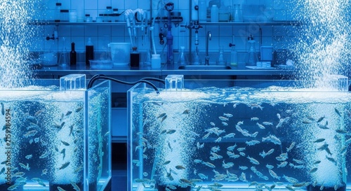 Laboratory Aquarium with Tropical Fish in Blue Water Environment