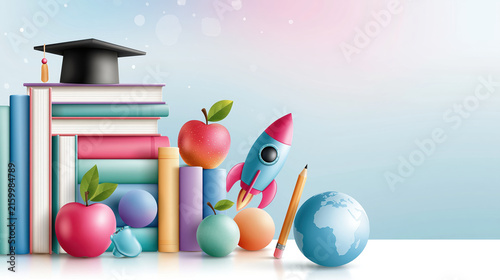 School education book apple rocket globe pencil graduation cap background school education book apple rocket globe pencil graduation cap, pastel classroom learning concept with elegant icon