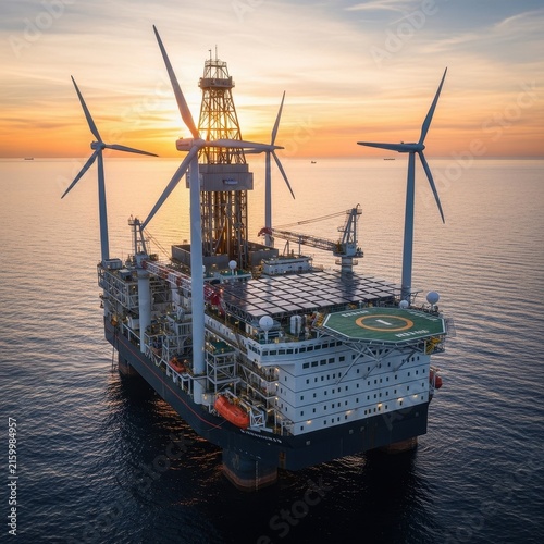 Offshore Oil Drilling Platform with Wind Turbines at Sunset