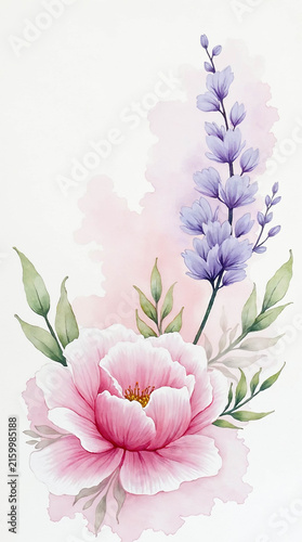 Floral composition of pink peony and lavender on light background