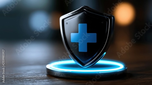 Glowing Medical Shield with Blue Cross in Advanced Technology Setting