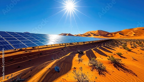 Solar Panels in Desert Landscape with Vibrant Blue Sky and Sun
