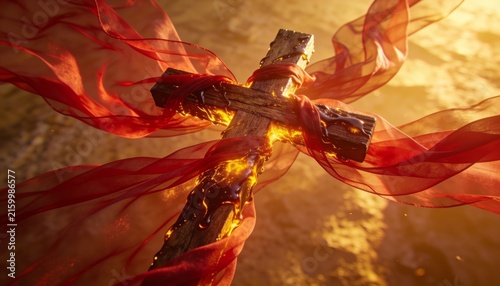 Displaying weathered wooden cross glowing with molten seams on sunlit rocky ground, red ribbons