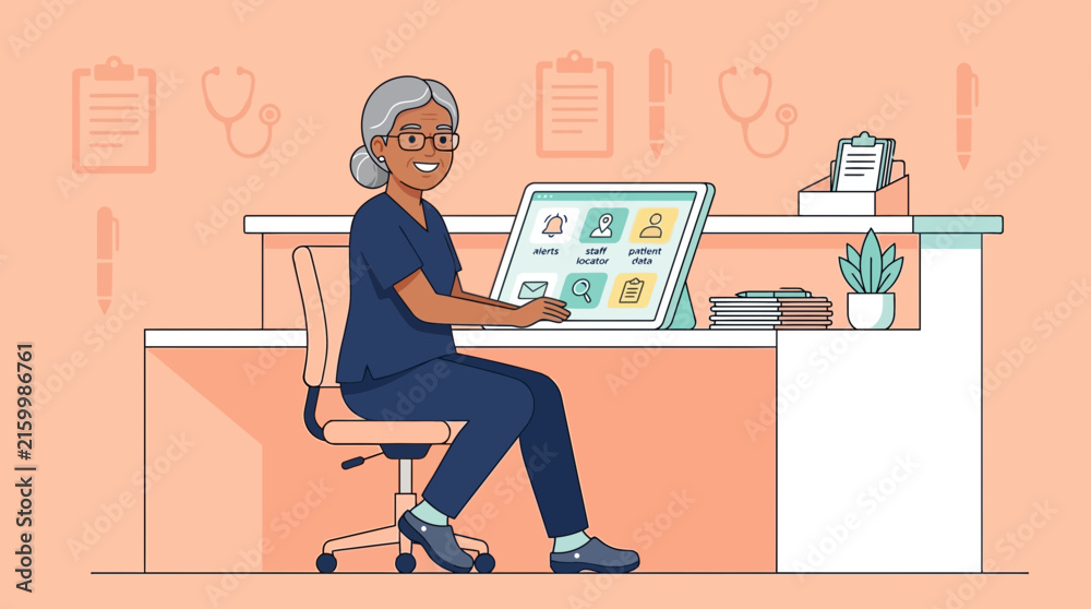 Fototapeta premium Senior Nurse At Reception Desk Using Digital Tablet