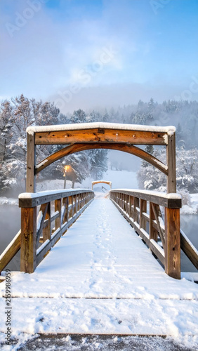 Snowy wooden footbridge through frosted winter forest beneath pale blue sky, creating peaceful path with fresh snow and distant trees. Christmas Concept
