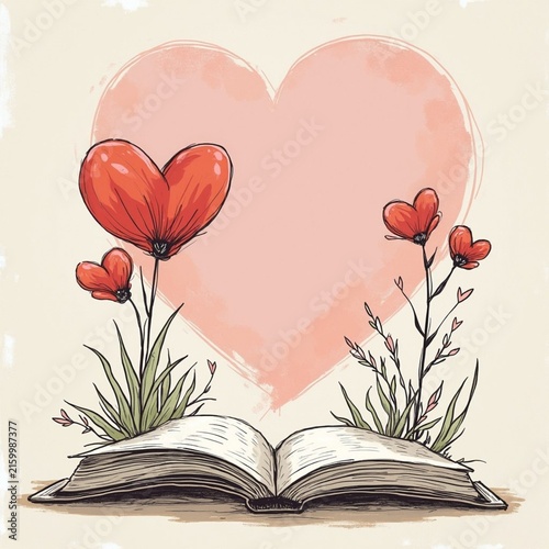 Open book with heart-shaped flowers and heart illustration  