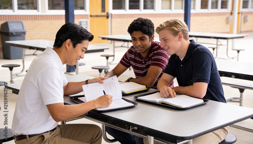 Fototapeta premium Studying 3 college students wearing polos and khakis, writing at cafeteria with spiral notebooks