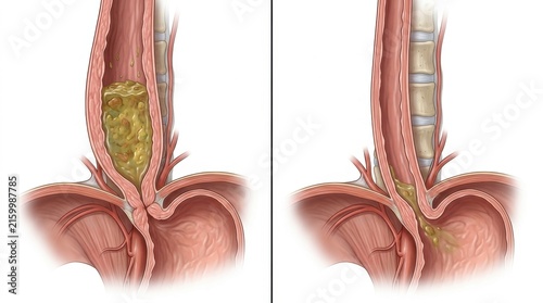 Illustration showing esophageal impaction of food bolus and its passage